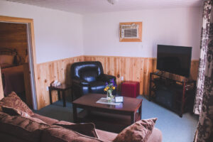 Photo of the living room inside the deluxe cottage.